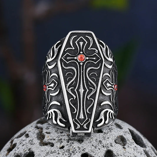 🧛‍♂️ Vampire Coffin Ring with Red Stone – Magnetic Gothic Stainless Steel Ring | Mystic Crow Imports