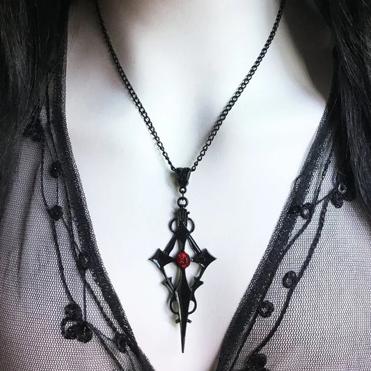 Vampire Dagger Cross Necklace – Gothic Statement Pendant with Red Gem | Dark Jewelry for Night Souls